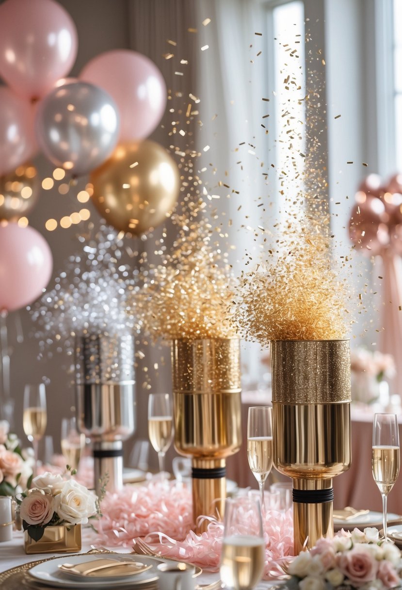 Confetti cannons releasing sparkling confetti with balloons and party decorations in the background.