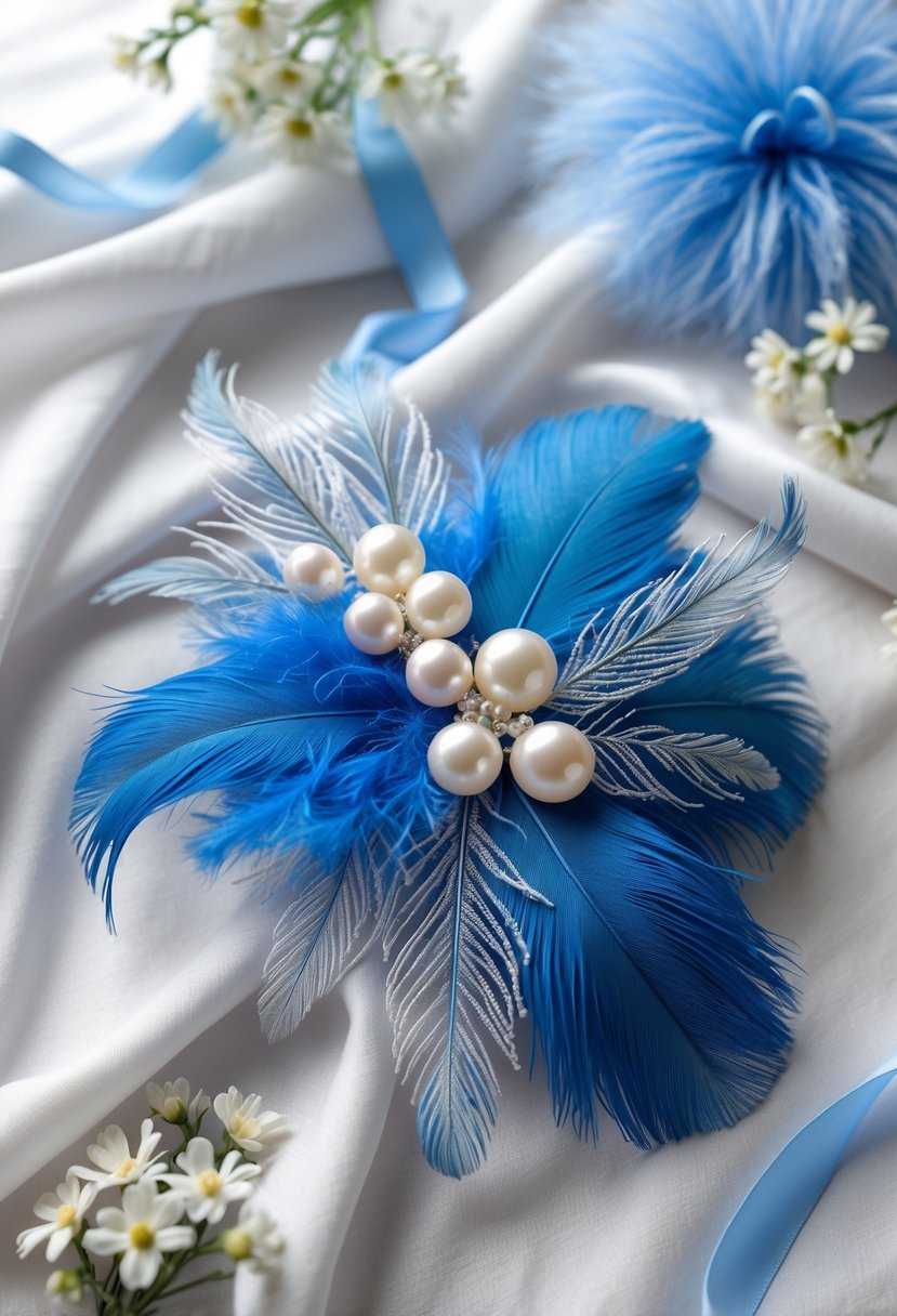 Blue feather and pearl hair accessories arranged on white fabric with small white flowers and light blue ribbons.