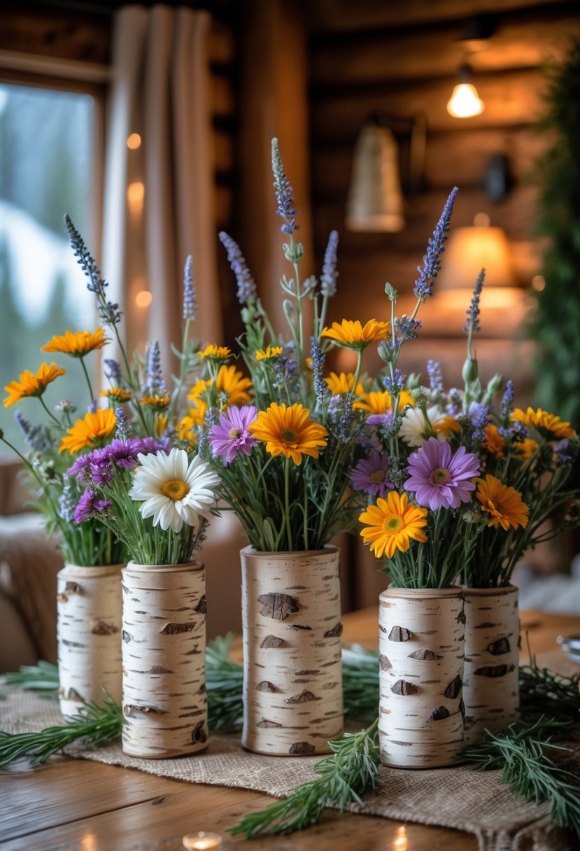 Birch bark vases filled with colorful wildflowers arranged on a wooden table inside a cozy cabin.