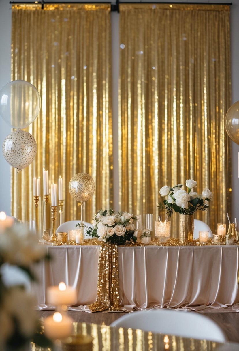 A festive party setup with gold foil fringe curtains, balloons, confetti, and elegant table decorations.