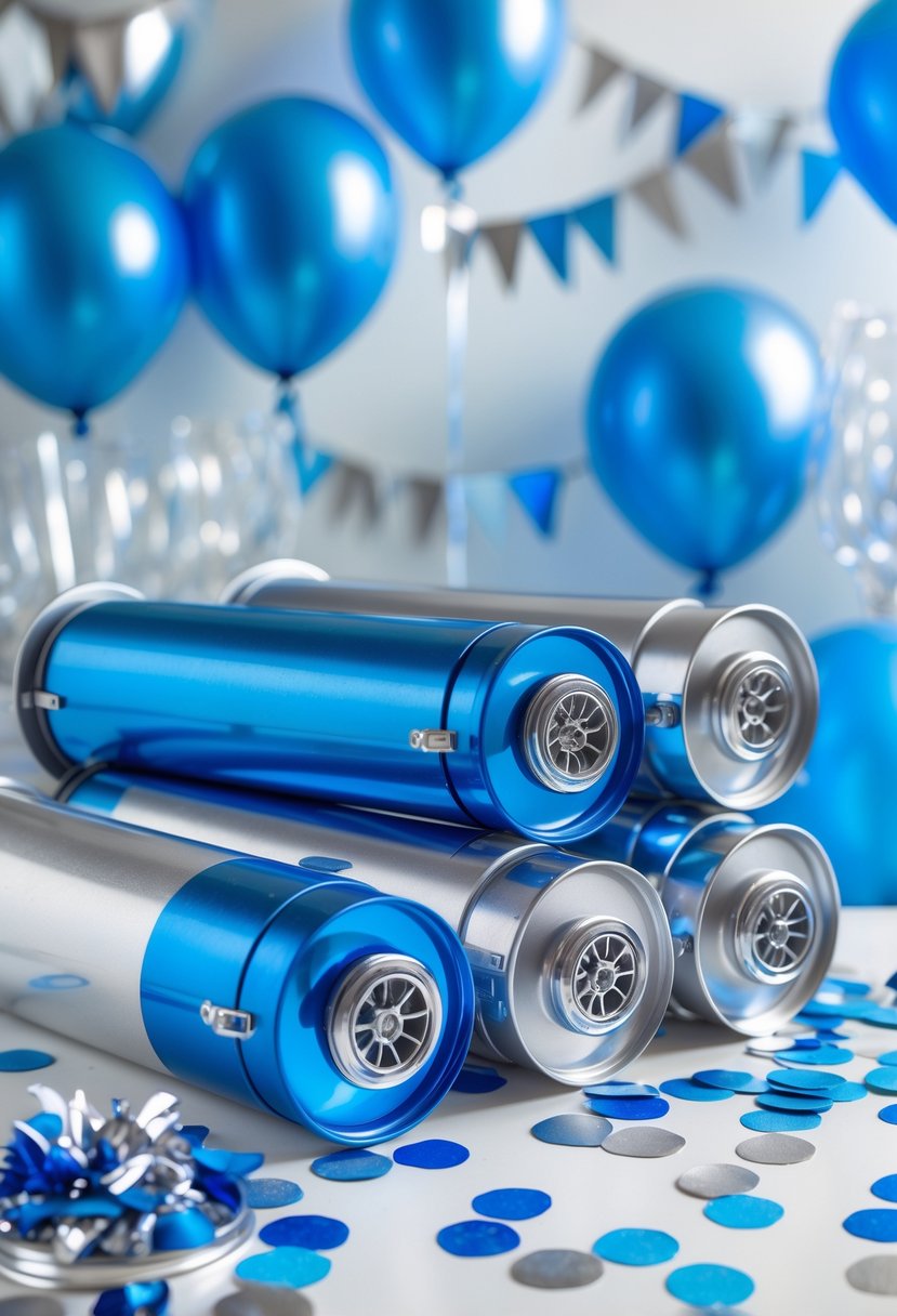 Blue and silver confetti cannons with scattered confetti on a white surface with blurred party decorations in the background.