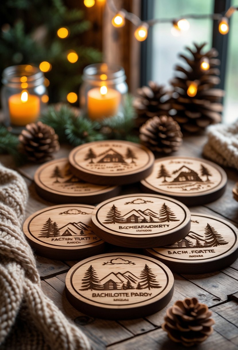 A set of custom engraved wooden coasters on a rustic table surrounded by cozy cabin-themed decorations like blankets, candles, pinecones, and string lights.