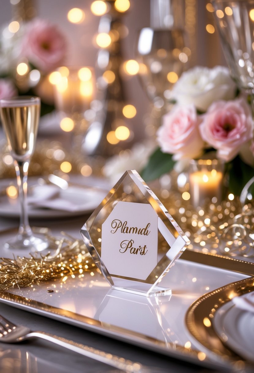 Diamond-shaped clear acrylic place cards arranged on a decorated table with flowers, confetti, and party decorations.