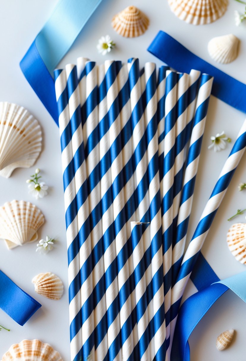 Blue and white striped paper straws arranged with seashells and small flowers on a white surface.