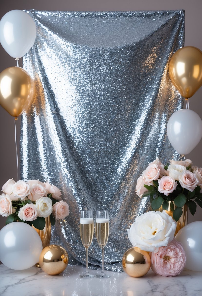 A silver glitter backdrop with balloons, champagne glasses, and floral decorations arranged for a festive party.
