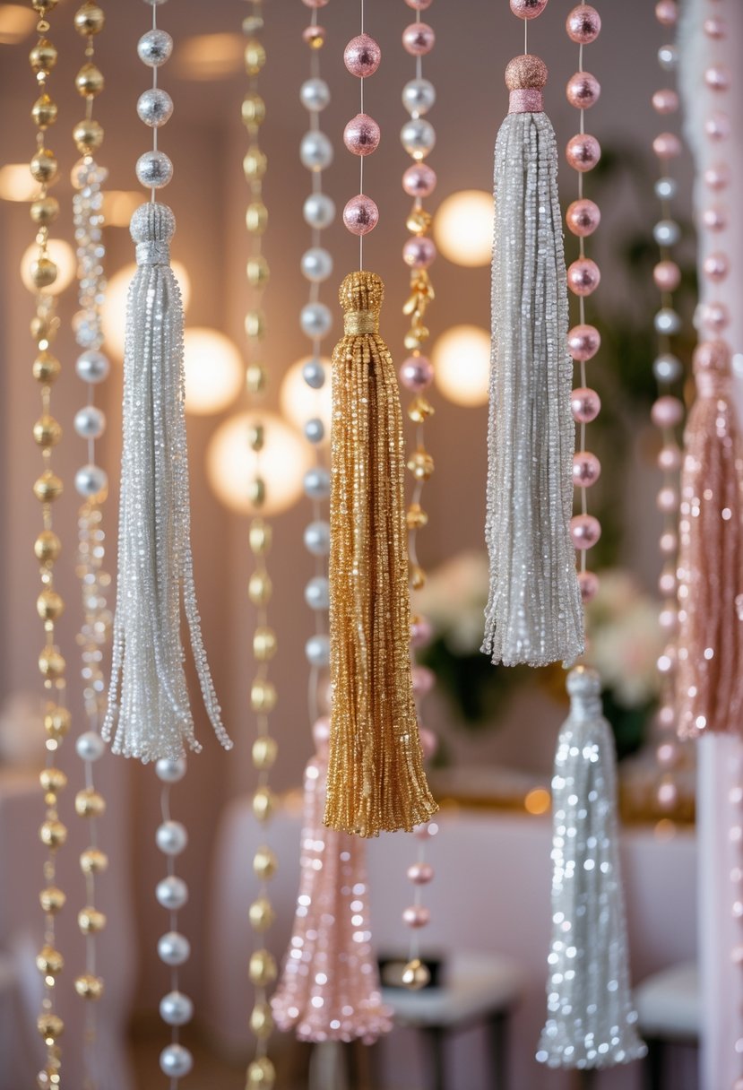 Beaded tassel garlands hanging as decorations at a festive party setting.