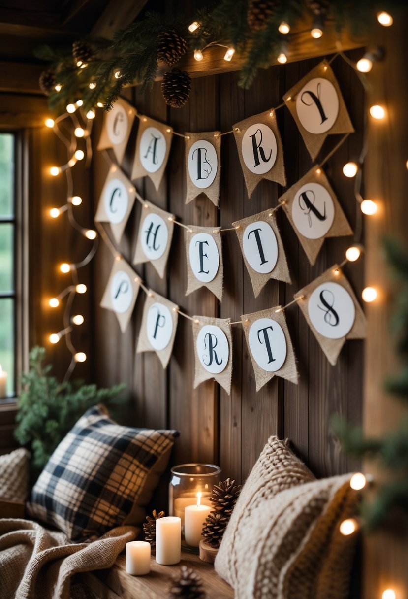 A cozy cabin interior decorated with burlap banners and warm lighting for a bachelorette party.