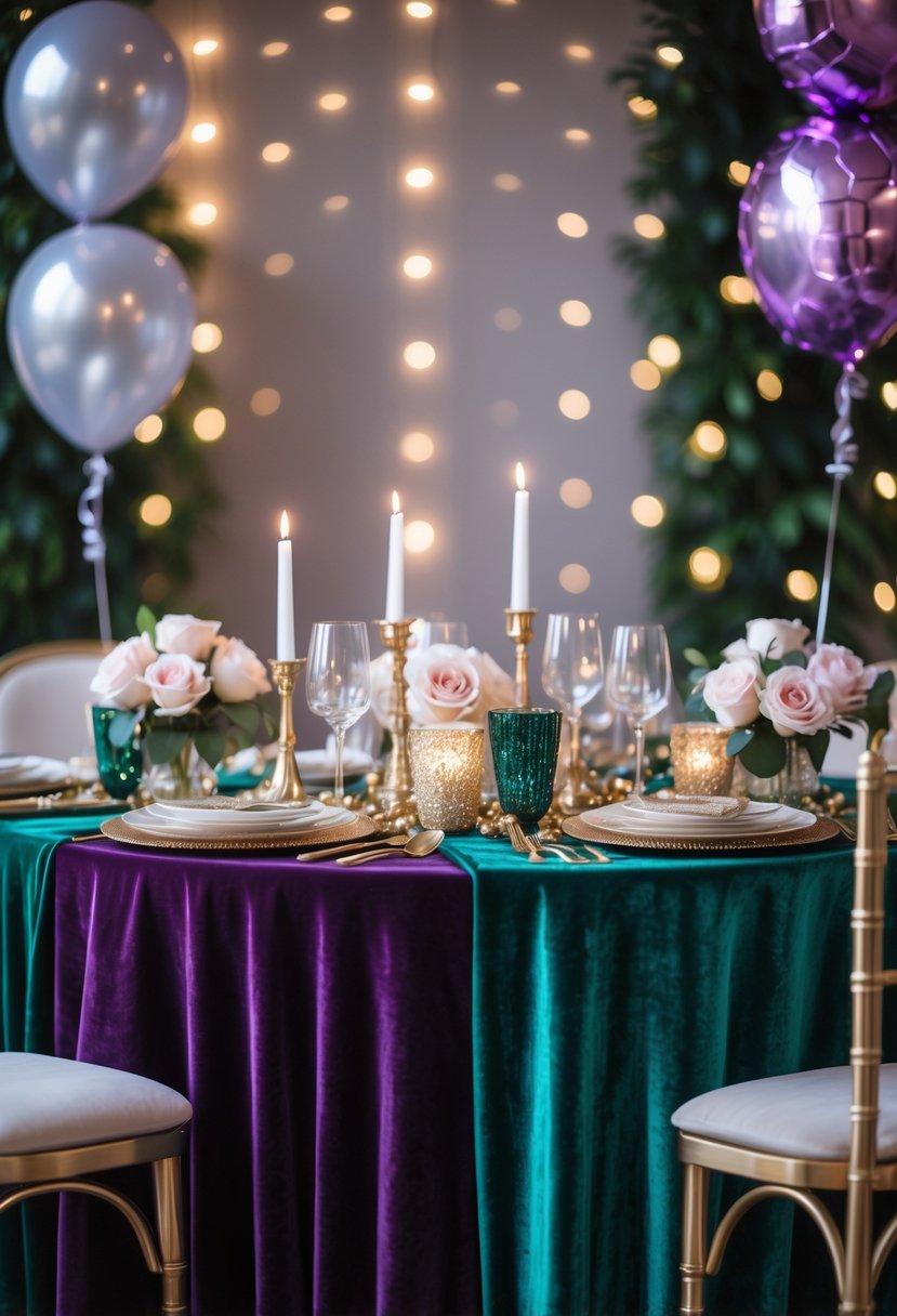 A decorated table with rich velvet tablecloths, sparkling party decorations, balloons, and floral arrangements for a bachelorette party.