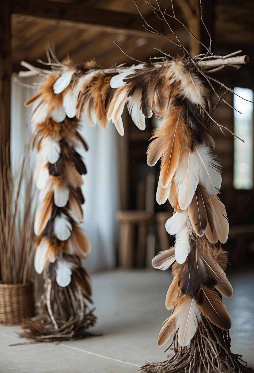 A handmade photo backdrop made of feathers and twigs arranged to create a cozy cabin atmosphere.