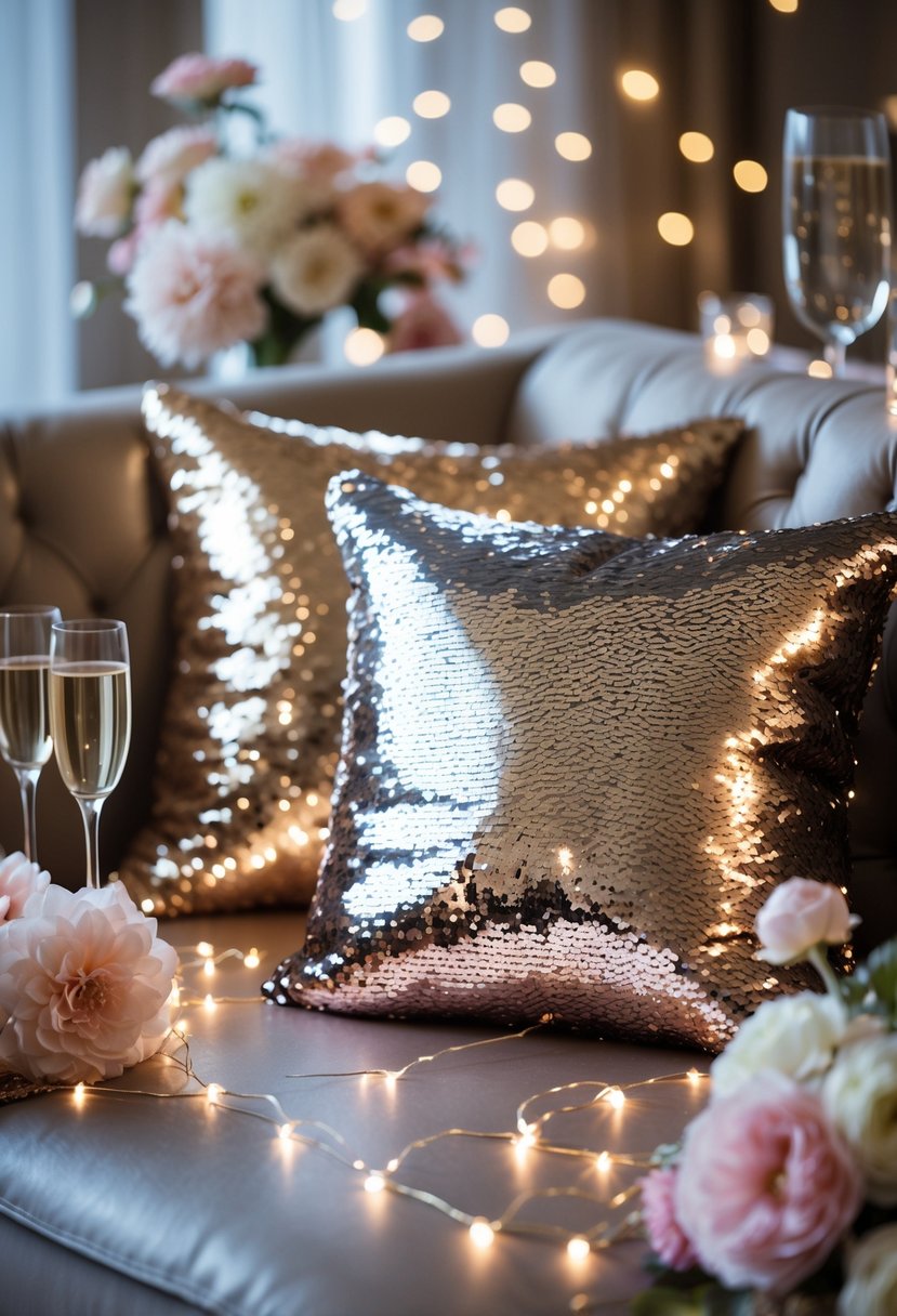 A cozy seating area with shiny sequined throw pillows surrounded by soft lighting and elegant party decorations.