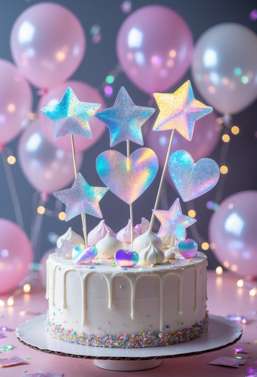 A white frosted cake decorated with shiny holographic cake toppers and surrounded by party decorations.