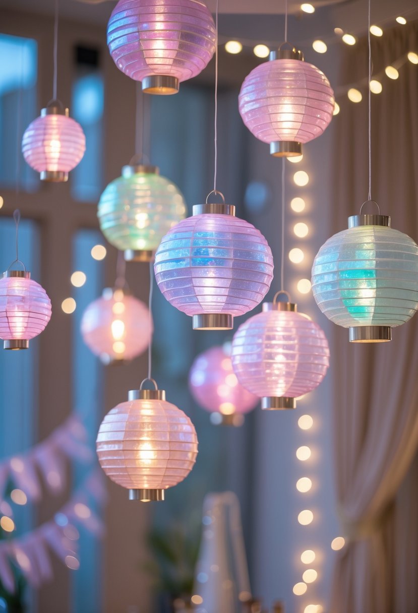 A group of colorful iridescent lanterns hanging at different heights, glowing softly in a festive indoor setting.