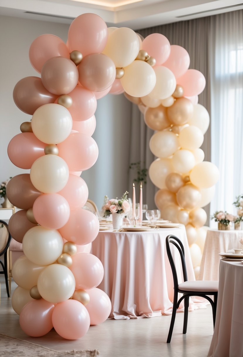 Blush pink balloon arch with ivory and champagne balloons at an indoor party setting.