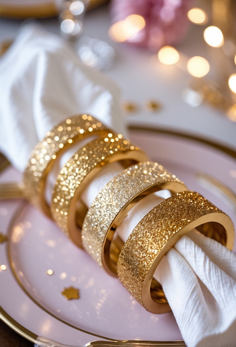 Close-up of sparkly gold napkin rings on white cloth napkins set on a decorated table with festive party decor.