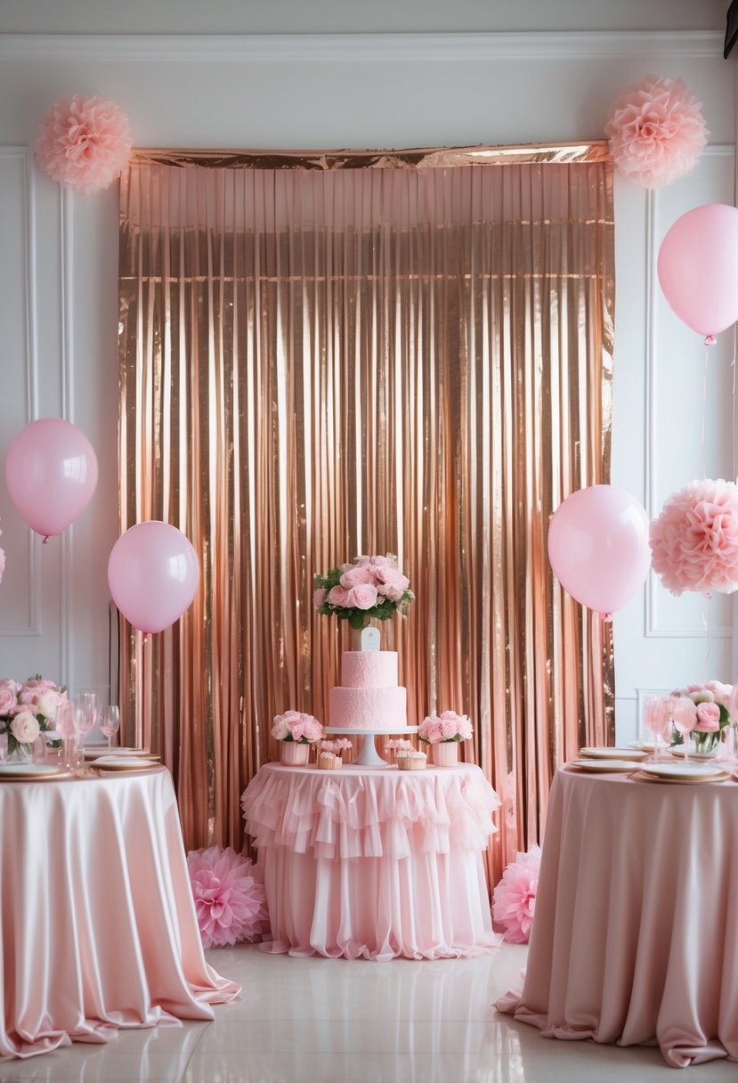 A party setup with a rose gold foil fringe curtain backdrop and pink balloons and decorations arranged on a table.