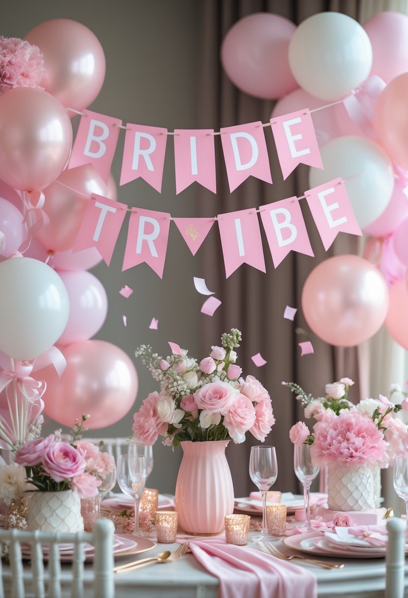 A decorated party scene with pink balloons, flowers, and festive decorations arranged for a bachelorette celebration.