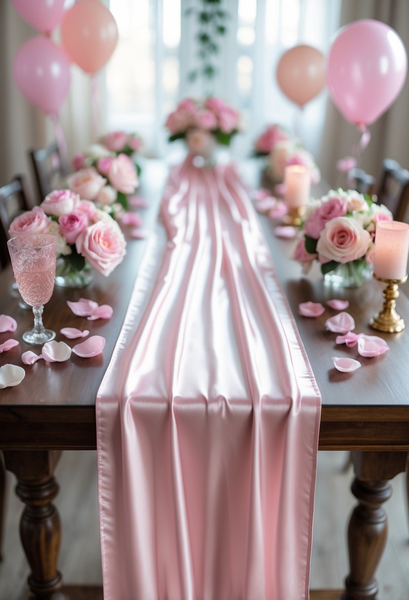 A wooden table decorated with a soft pink satin table runner, pink balloons, floral arrangements, rose petals, and gold accents for a bachelorette party.