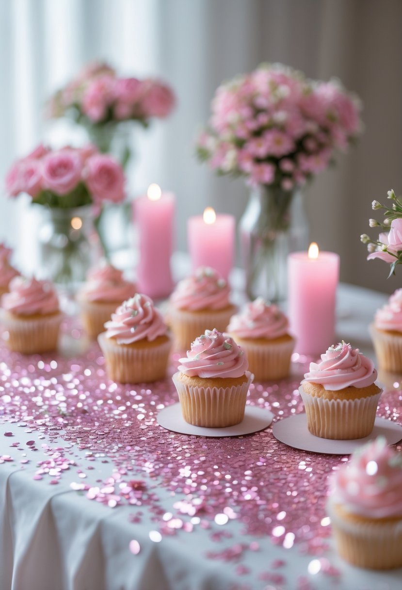 A dessert table decorated with glittery pink confetti, pink cupcakes, floral arrangements, and candles.