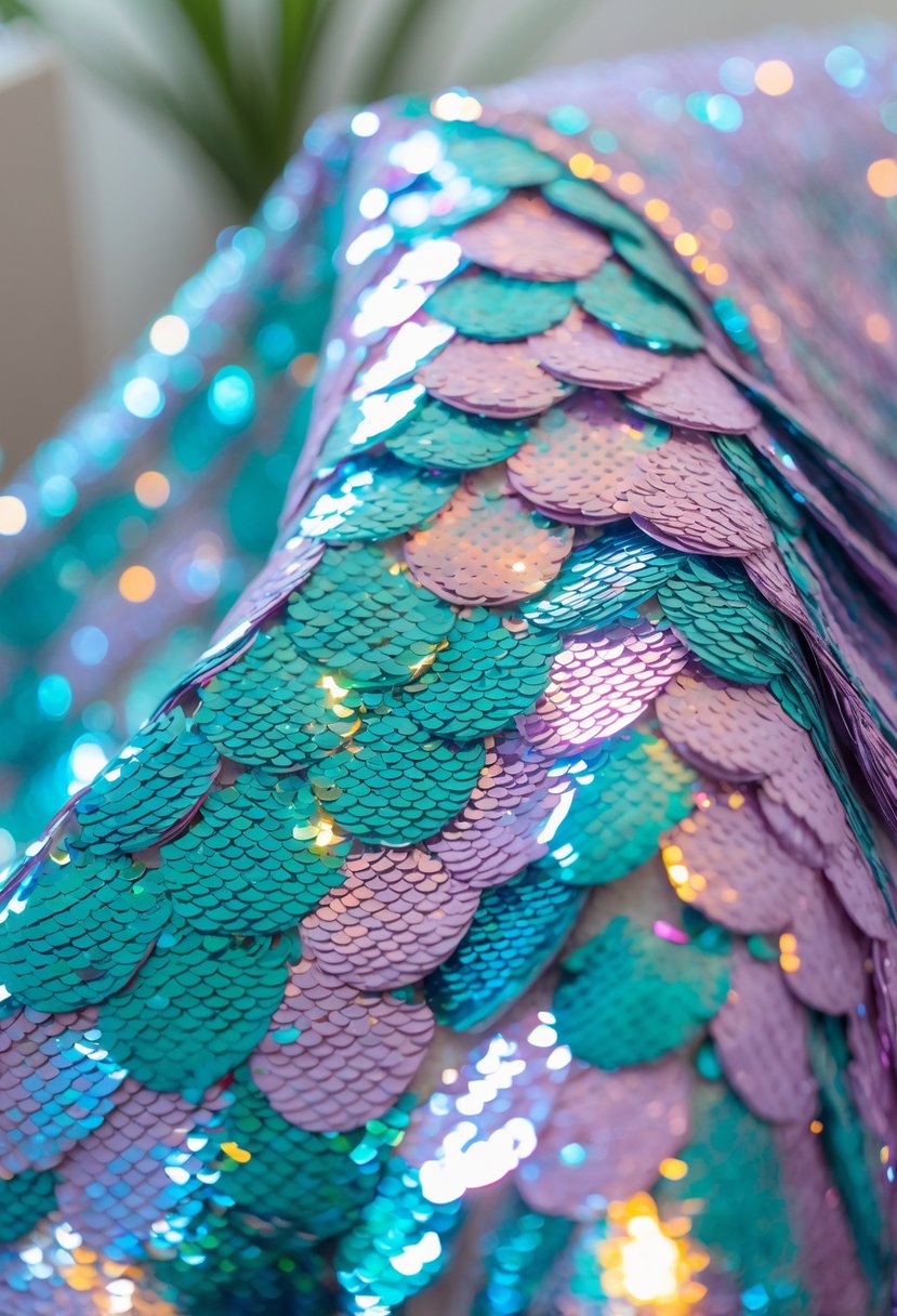 Close-up of a shimmering sequin tablecloth with overlapping iridescent scales in blue, teal, lavender, and pink colors.