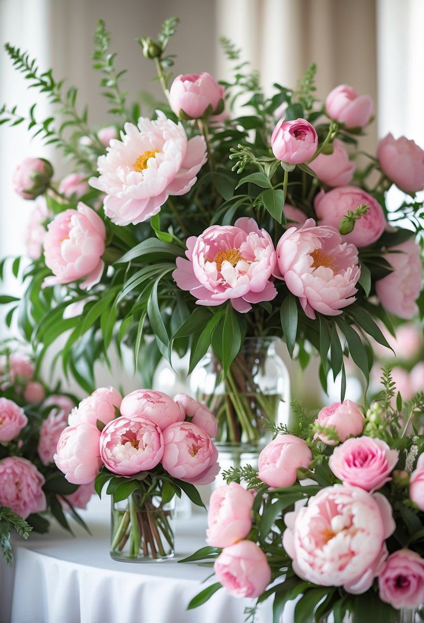 Close-up of fresh pink peonies and roses arranged in bouquets with green leaves.