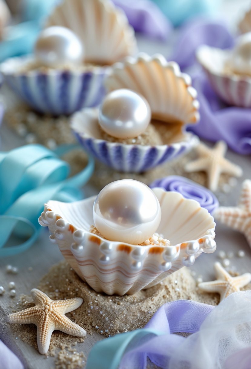 Table with pearl-topped seashell centerpieces surrounded by pastel decorations and ocean-themed accents.