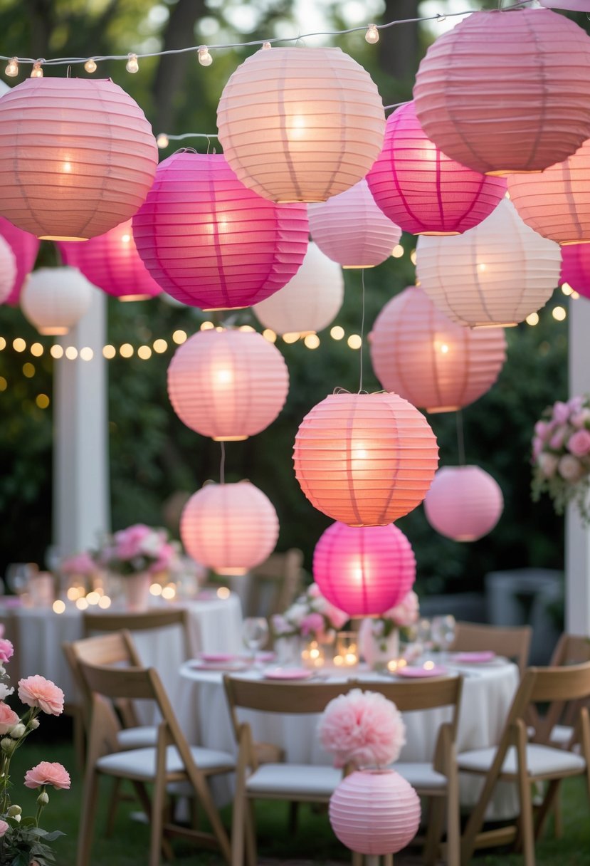 Pink ombre paper lanterns hanging outdoors with garden decorations in the background.