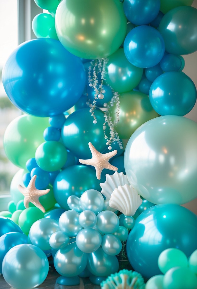 A colorful balloon garland in shades of blue and green arranged to resemble ocean waves with seashell decorations.