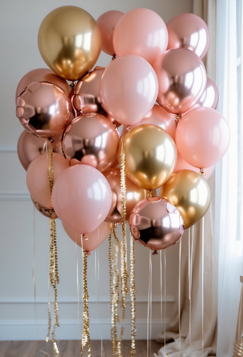 A cluster of blush pink and gold metallic balloons arranged as party decorations against a softly lit background.