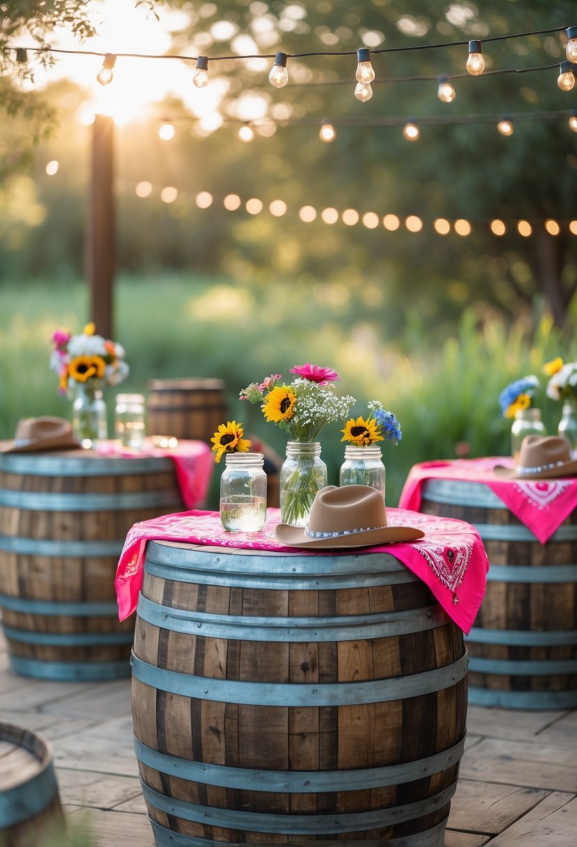 Outdoor scene with wooden barrel tables decorated for a bachelorette party with flowers, cowboy hats, and string lights.
