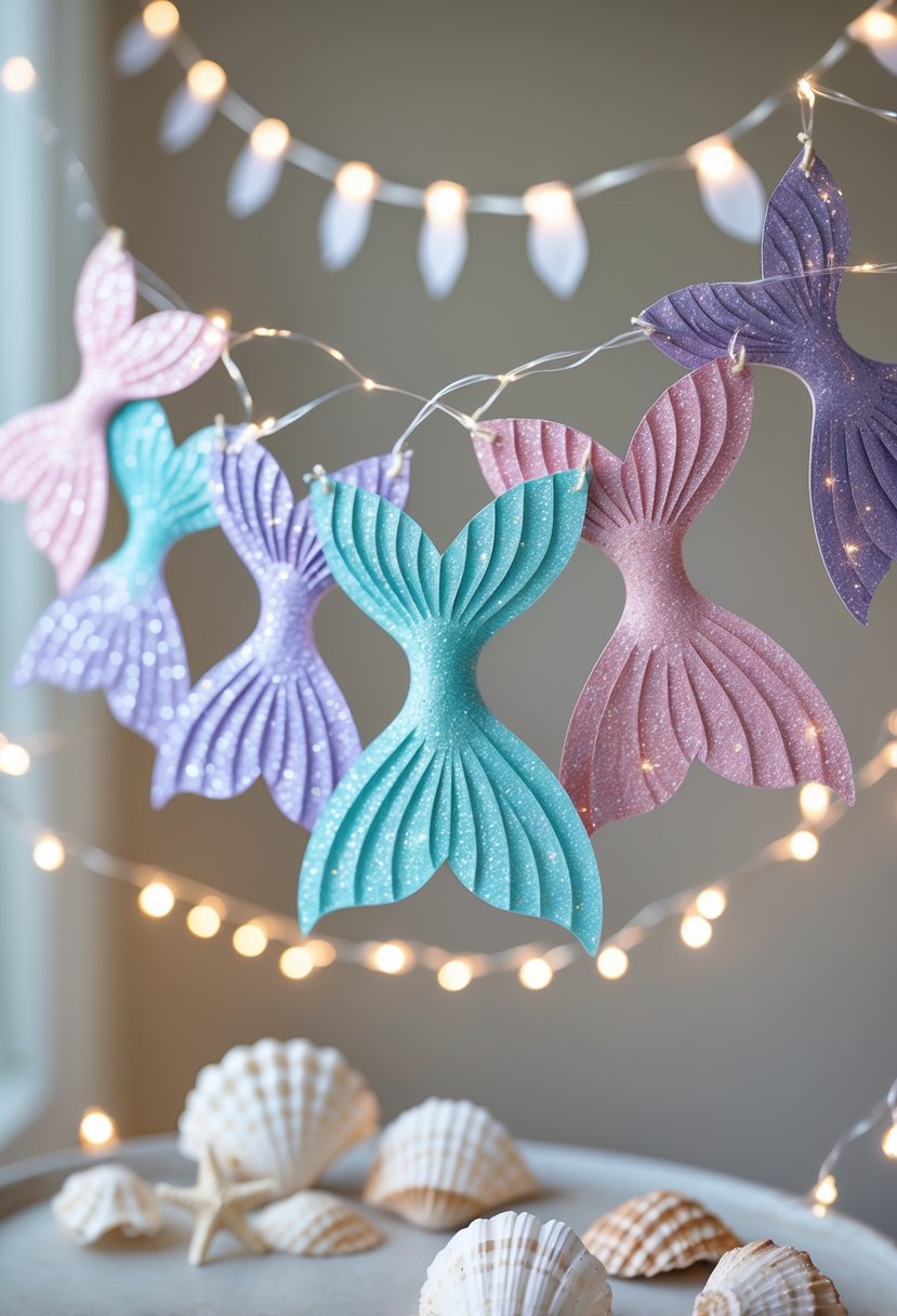 A decorative mermaid tail banner with glitter hanging on a string, surrounded by seashells and fairy lights.