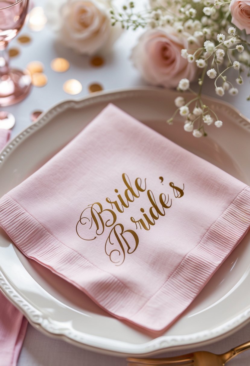 Close-up of pink personalized napkins arranged on a decorated table with flowers and confetti for a bachelorette party.