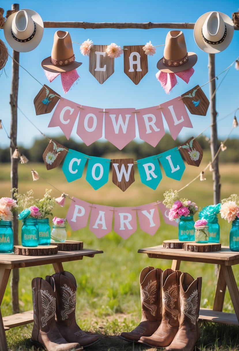 Outdoor scene with a cowgirl-themed bachelorette party banner and rustic decorations including cowboy hats, flowers, and mason jars on a sunny day.
