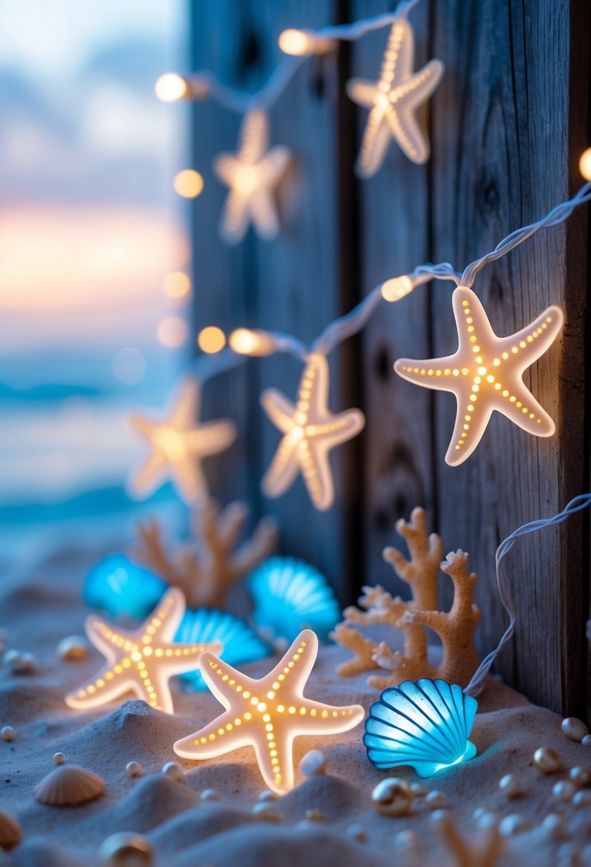 String lights shaped like starfish and seashells glowing softly, arranged with ocean-themed decorations on a wooden surface.