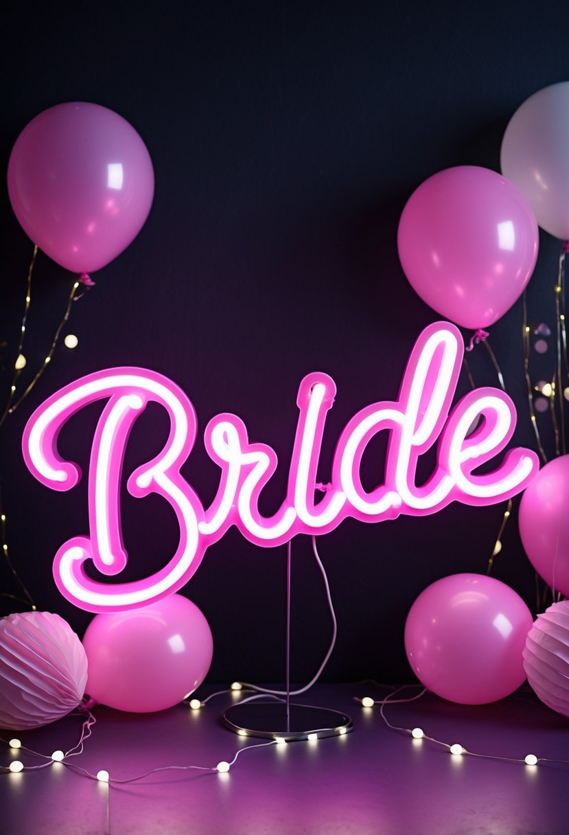 A glowing pink neon sign reading 'Bride' surrounded by balloons and party decorations.