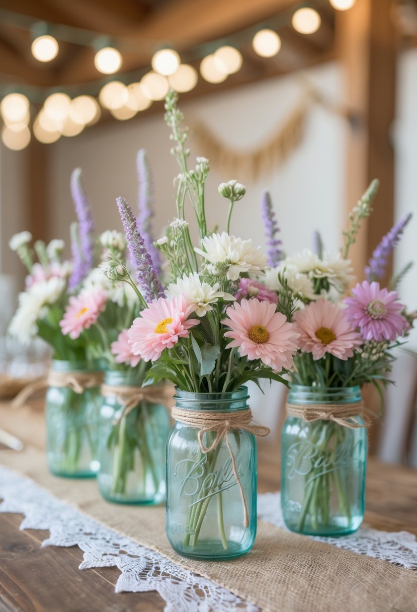 A rustic table with mason jars filled with wildflowers as centerpieces, surrounded by soft lighting and subtle party decorations.
