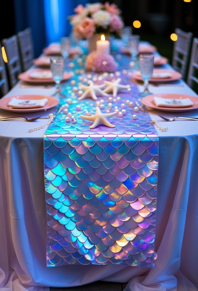 A banquet table decorated with a shimmering holographic table runner and ocean-themed party decorations for a bachelorette celebration.