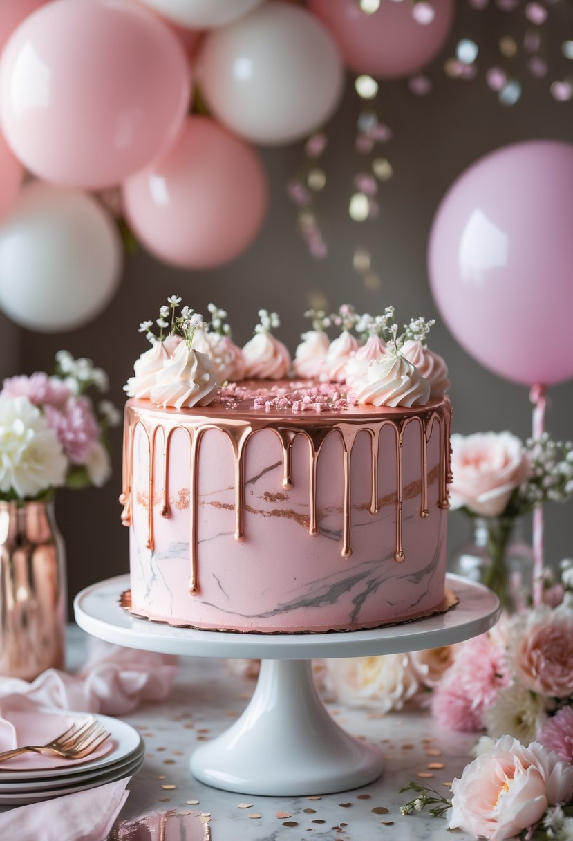A pink marble cake with rose gold drip on a white stand surrounded by pink flowers and party decorations.