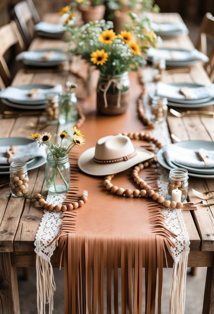 A rustic wooden table decorated with leather fringe runners, wildflowers in jars, cowboy hats, and candles, set for a festive party.