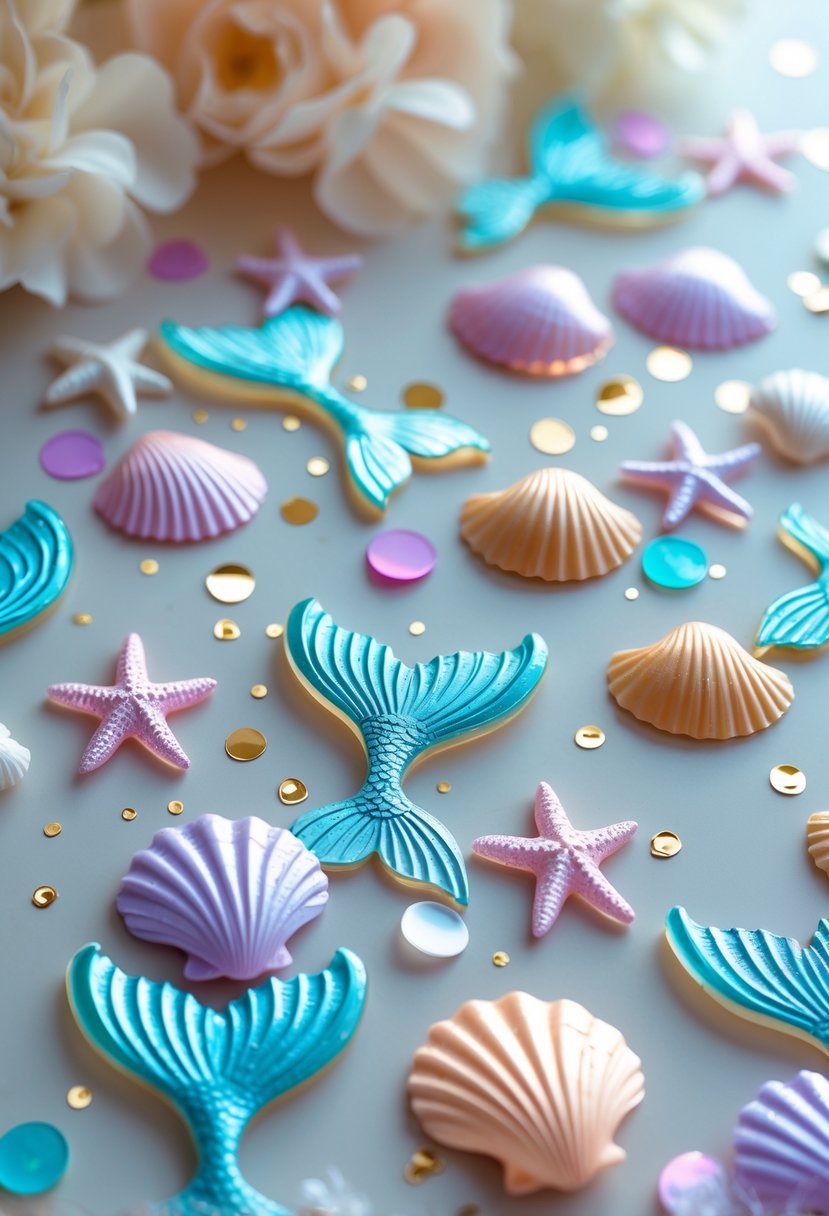 Close-up of colorful mermaid-themed acrylic confetti scattered on a light surface.