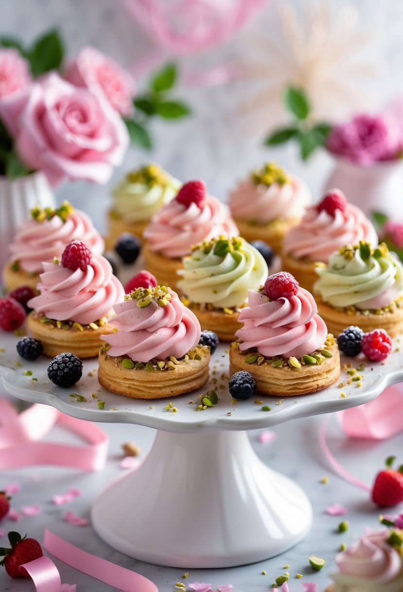 A platter of colorful rose cream, pistachio, and berry pastries arranged with pink party decorations on a soft pastel background.