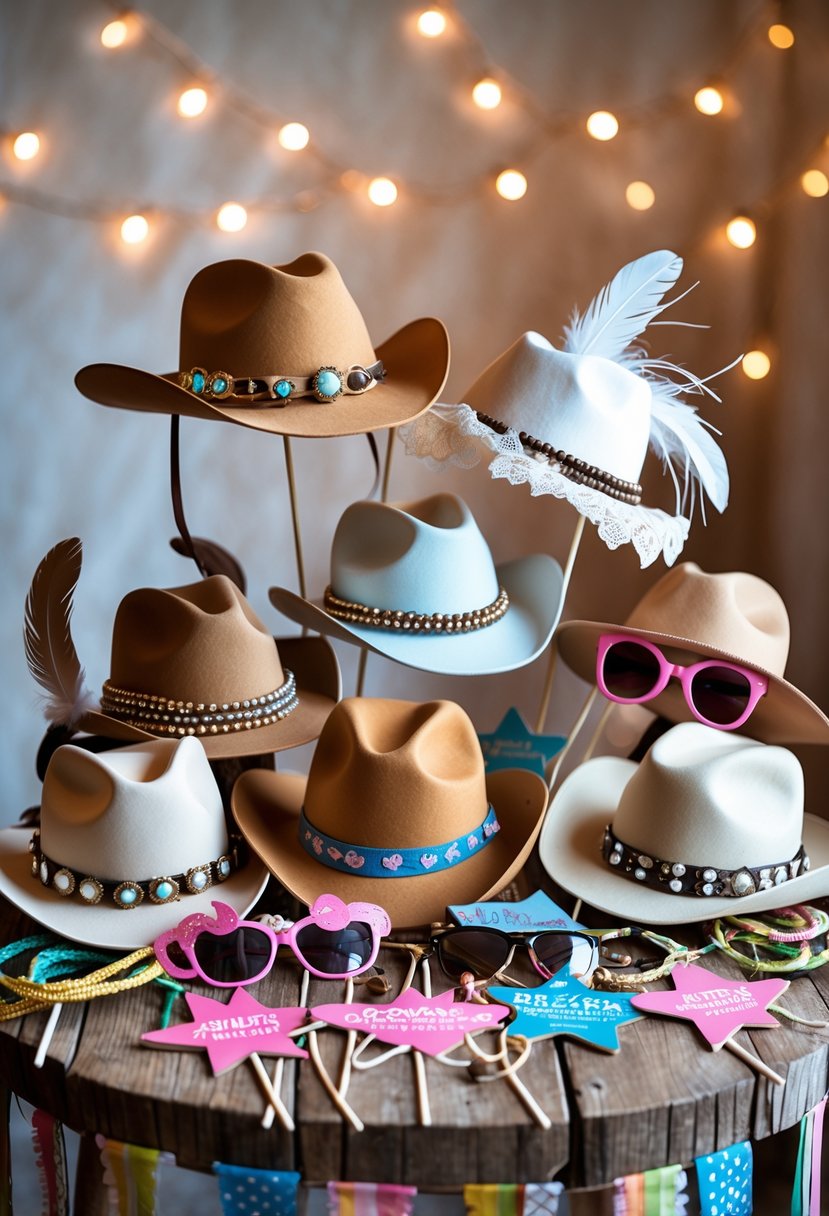 A collection of cowgirl-themed bachelorette party photo booth props including cowboy hats, bandanas, and accessories arranged on a wooden table.