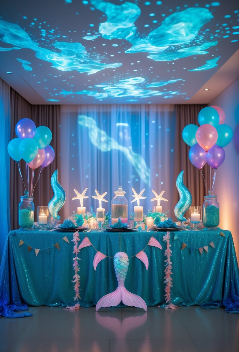 Indoor scene decorated with ocean wave lighting, seashell garlands, balloons, and mermaid-themed party decorations.