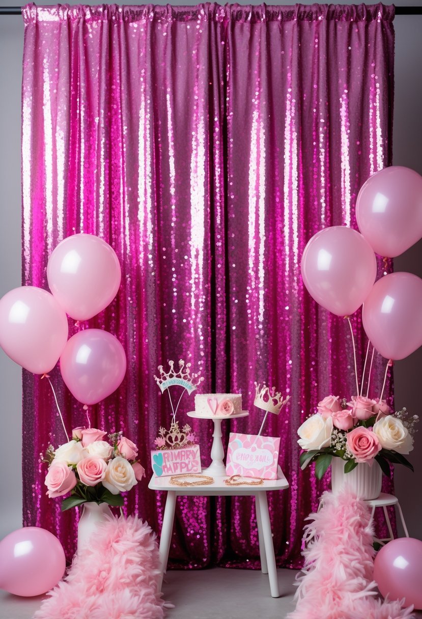 Pink sequin curtain backdrop with pink balloons, fairy lights, flowers, and bachelorette party props arranged on a table.