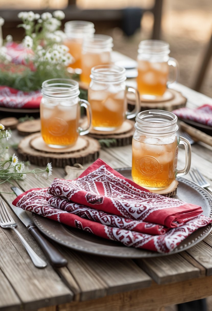 A rustic table set with red and white bandana-patterned napkins, mason jars, wildflowers, and wooden coasters at a cowgirl-themed party.