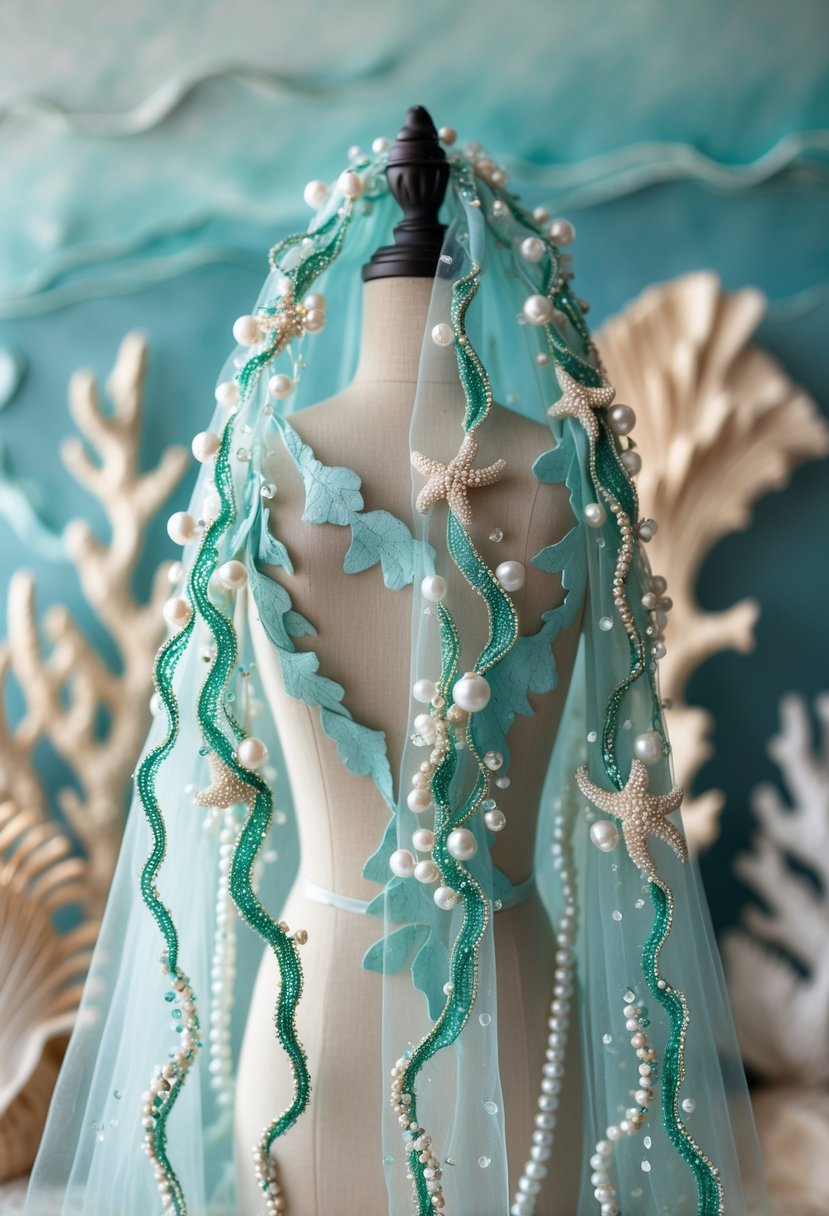 A mermaid bride veil decorated with seaweed and pearl details displayed against an ocean-inspired background.