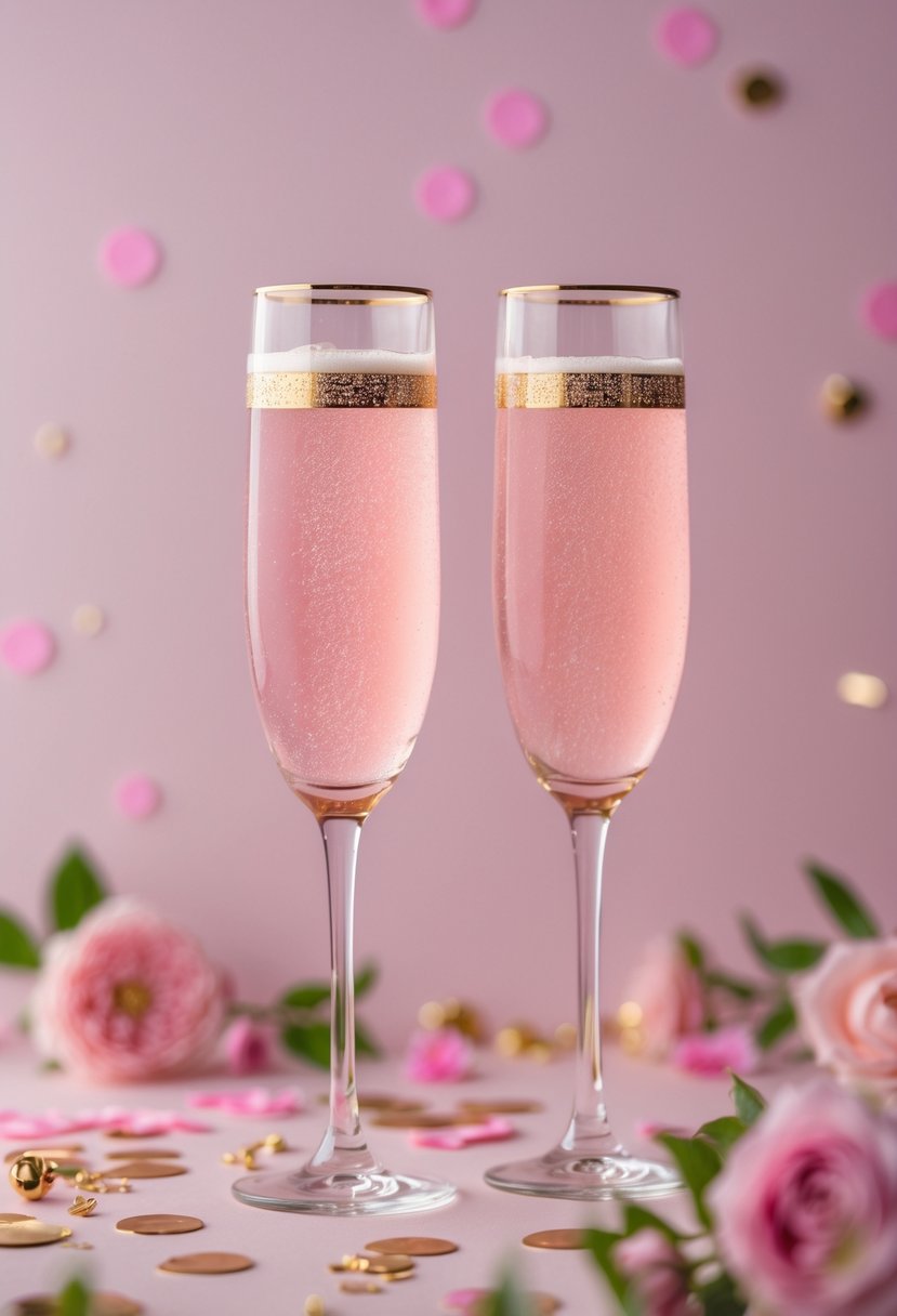 Two pink drinks in gold-rimmed toasting flutes surrounded by pink and gold party decorations on a pastel pink background.
