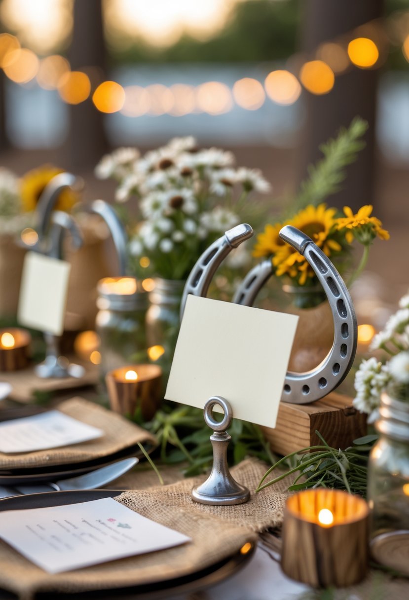 A rustic table setting with miniature horseshoe place card holders, wildflowers, and cowgirl party decorations.