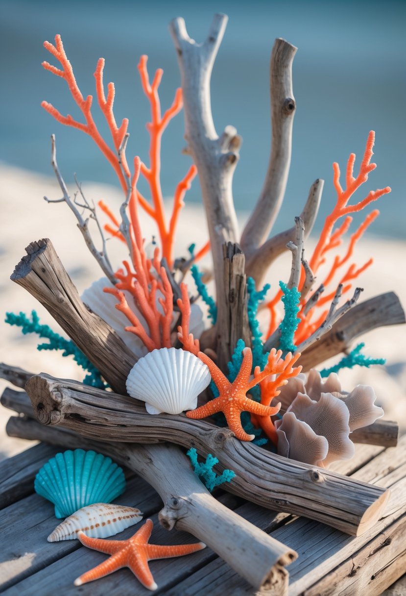 A driftwood and coral arrangement with seashells and starfish on a wooden surface against a sandy background.