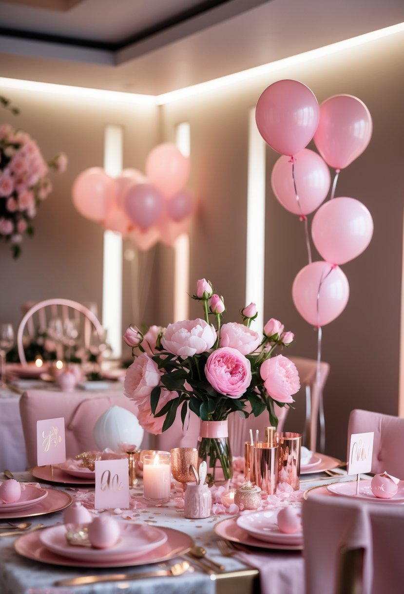 Indoor party scene with blush pink lighting, pink balloons, floral arrangements, and decorated tables set for a celebration.