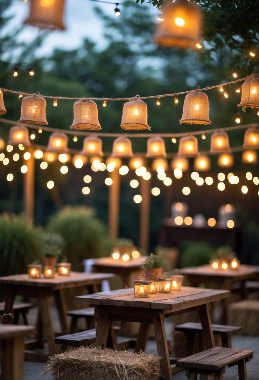 Outdoor party scene with string lights covered by burlap shades hanging above wooden tables and hay bale seating.